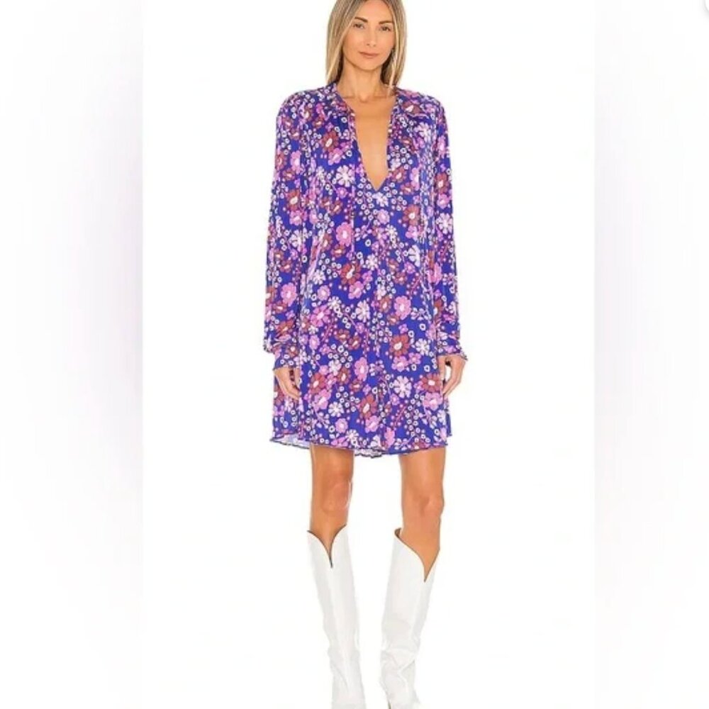 Free People Daisy Jane Vibrant Floral Tie Neck Boho Tunic Dress Women's size XS